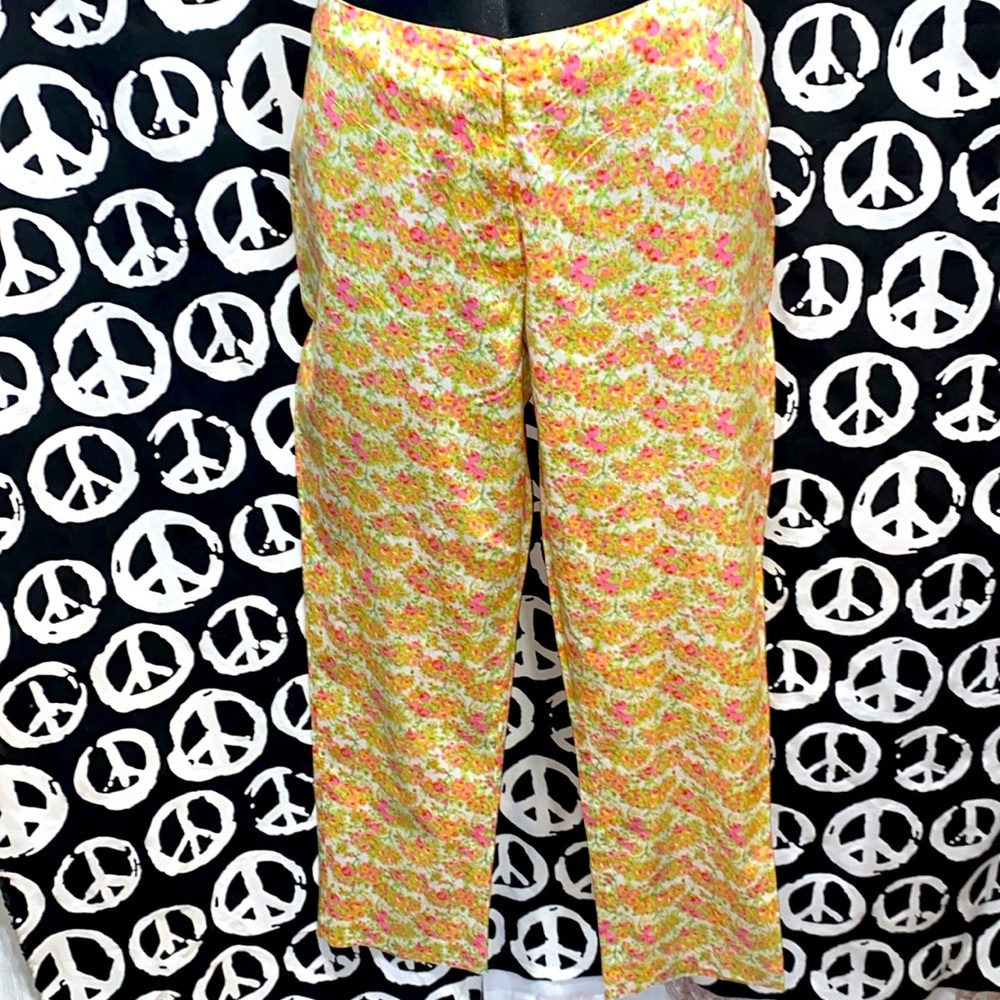 FLORAL WORK ORDER ANKLE/CROP PANTS ZIP FRONT SZ 4 PINK/GREEN/CREAM